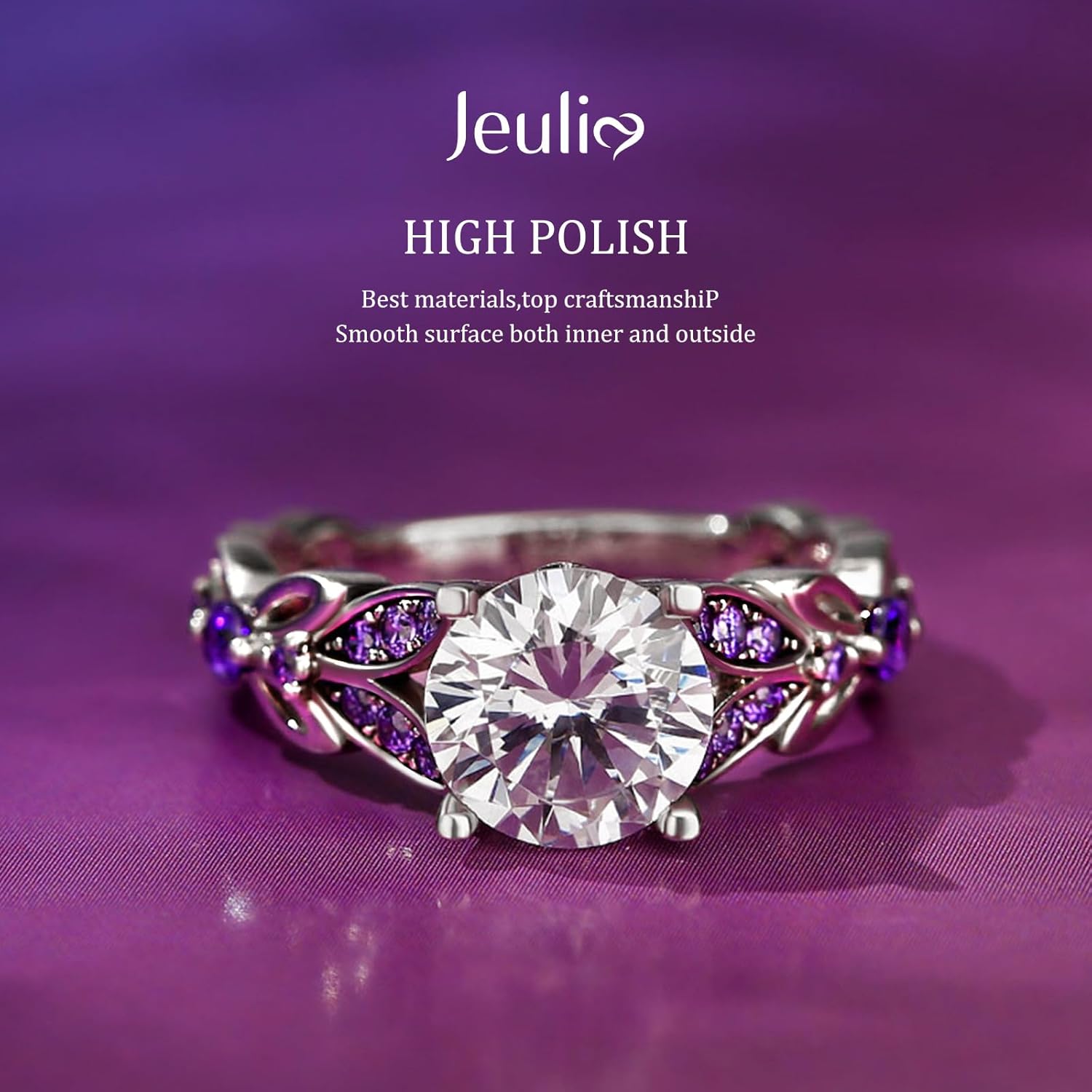 Jeulia 4.3 Carat Personalized Sterling Silver Butterfly Rings for Women Purple Amethyst Bridal Round Cut Wedding Engagement Eternity Valentine's Promise Ring Set