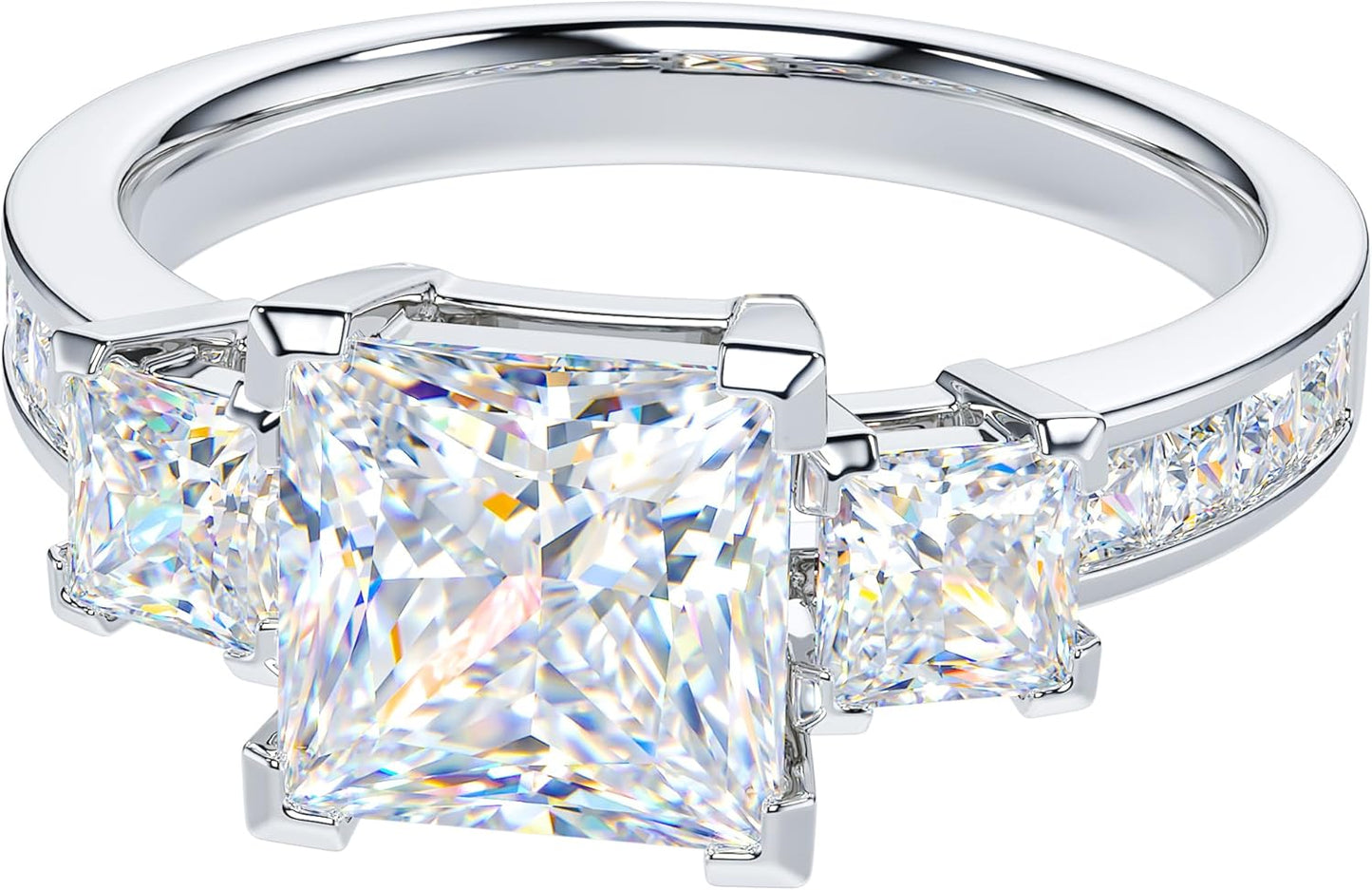 THELANDA Sterling Silver Center 1.5CT Three Stone Style All Princess Cut Side Stones Promise Engagement Ring