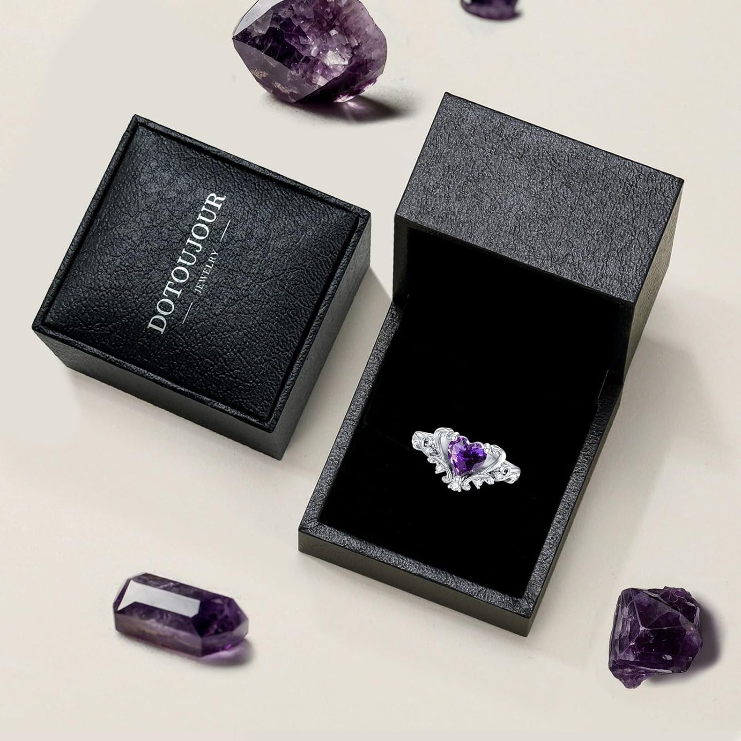 Natural Amethyst Promise Ring for Women 6.5mm Heart Shaped Vintage Inspired Healing Amethyst Rings 925 Sterling Silver
