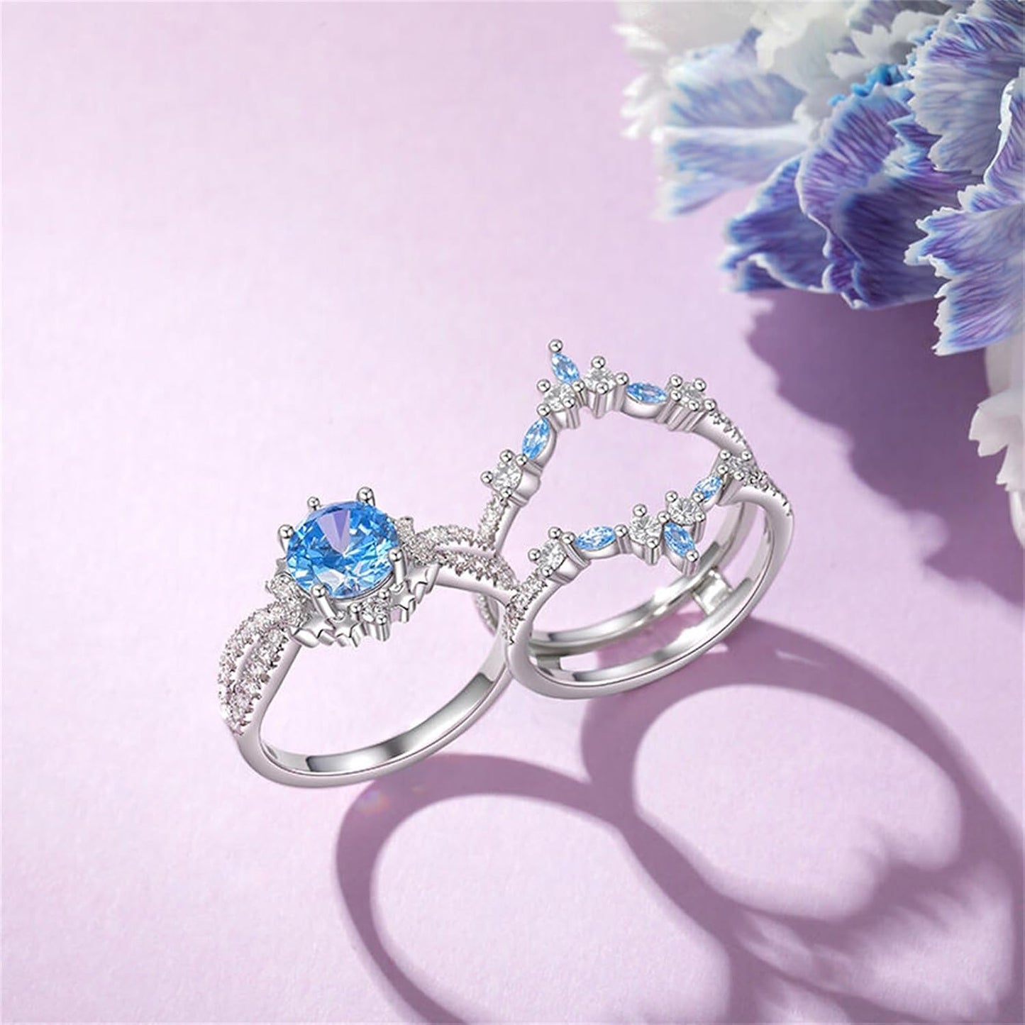 Jeulia 3PCS Interchangeable Engagement Ring Set for Women; 925 Sterling Silver Aquamarine Star and Moon Twist Ring Romantic Wedding Bridal Set with Jewelry Gift Box (Diamond White, 7.5)