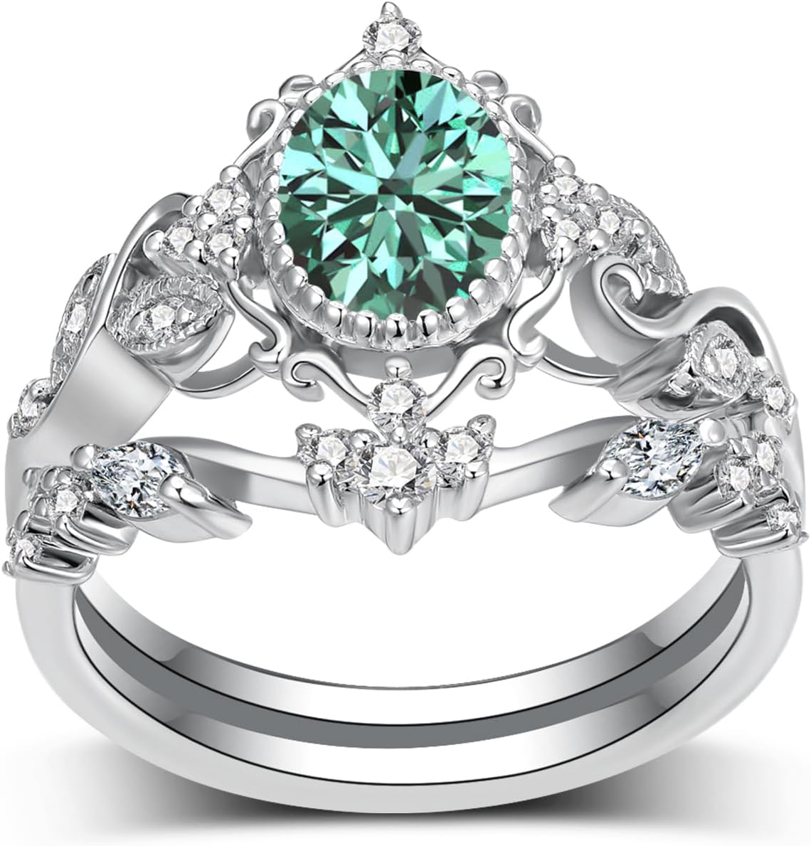 2 Carat(ctw) Oval-Cut Blue Moissanite Engagement Rings Sets for Women,925 Sterling Silver Leaf Halo Wedding Band Sets,Bridal Ring Sets for Anniversary Birthday