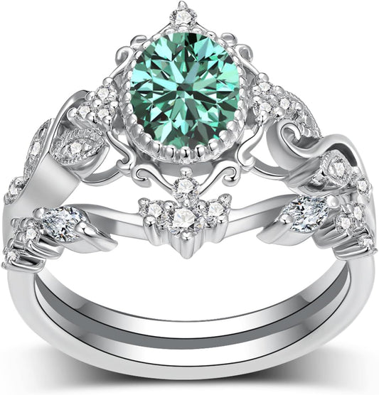 2 Carat(ctw) Oval-Cut Blue Moissanite Engagement Rings Sets for Women,925 Sterling Silver Leaf Halo Wedding Band Sets,Bridal Ring Sets for Anniversary Birthday