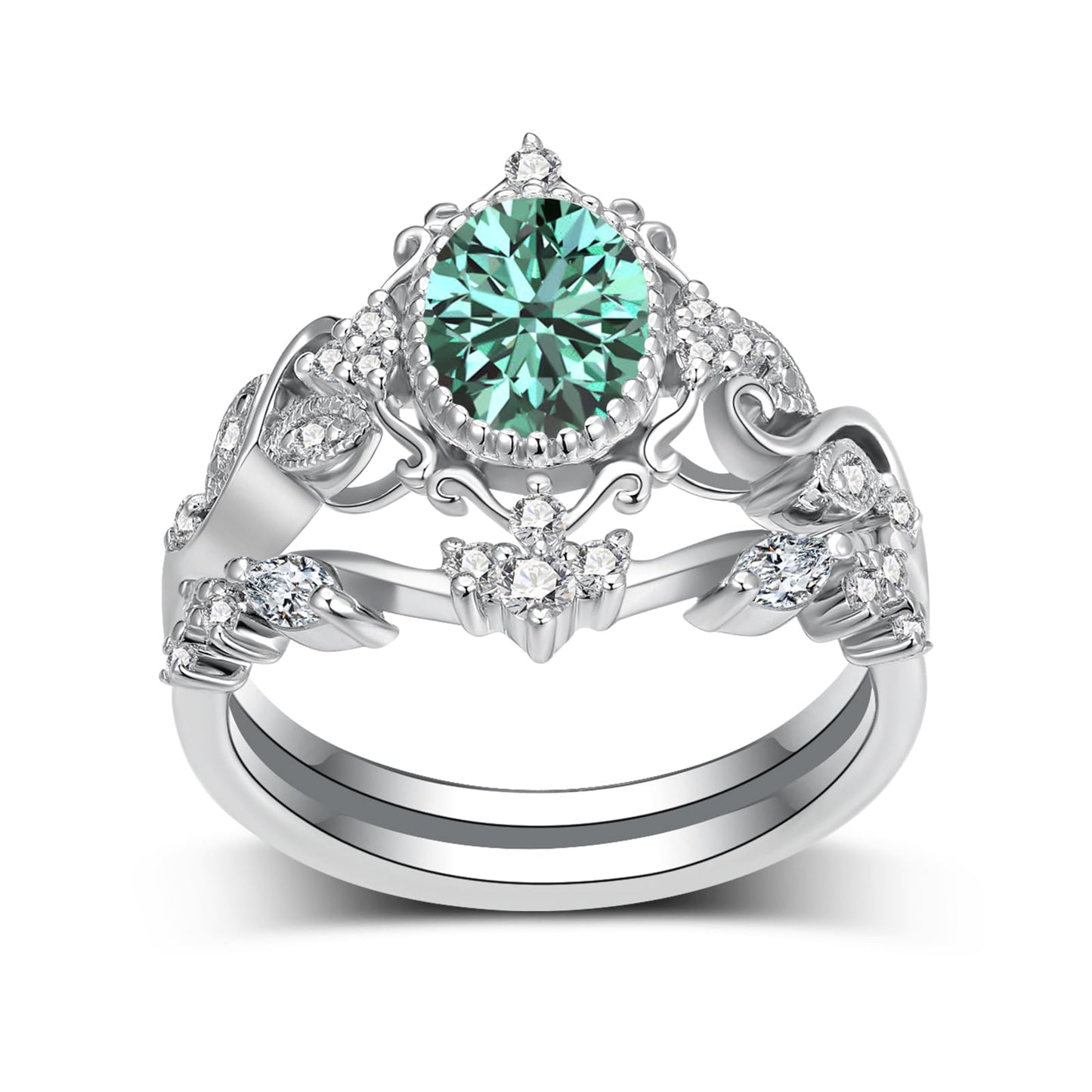 2 Carat(ctw) Oval-Cut Blue Moissanite Engagement Rings Sets for Women,925 Sterling Silver Leaf Halo Wedding Band Sets,Bridal Ring Sets for Anniversary Birthday