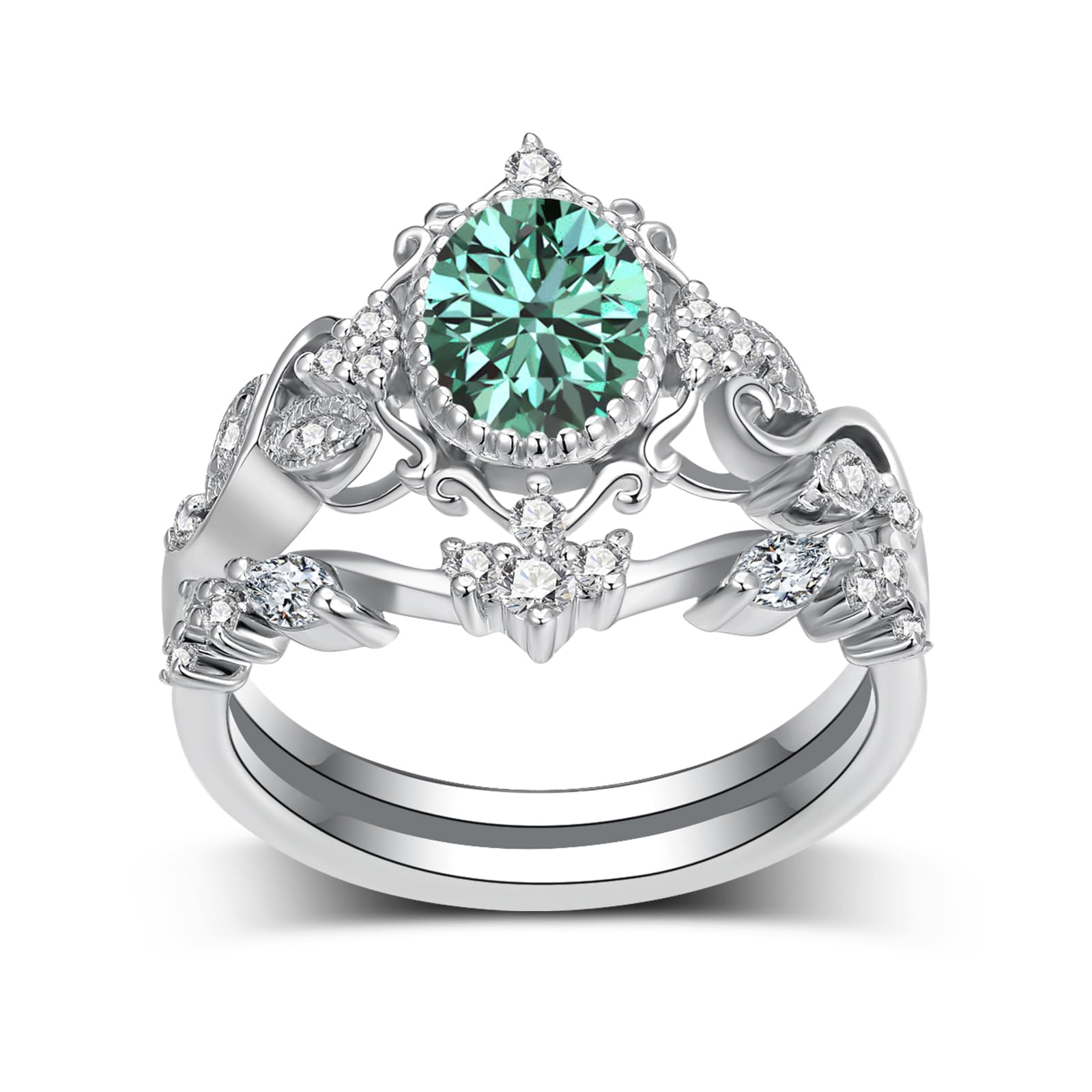 2 Carat(ctw) Oval-Cut Blue Moissanite Engagement Rings Sets for Women,925 Sterling Silver Leaf Halo Wedding Band Sets,Bridal Ring Sets for Anniversary Birthday