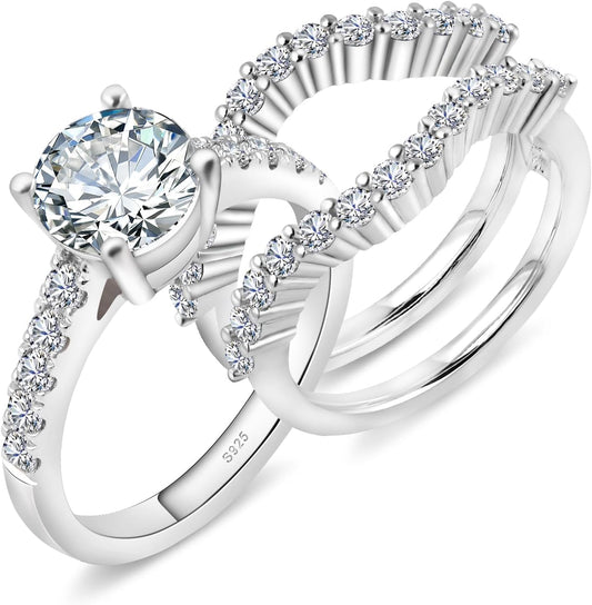 Moissanite Rings for Women Moissanite Bridal Ring Sets Wedding Band Round Cut D Color VVS1 S925 Sterling Silver with 18K White Gold Plated Engagement Promise Valentine's Day Gift