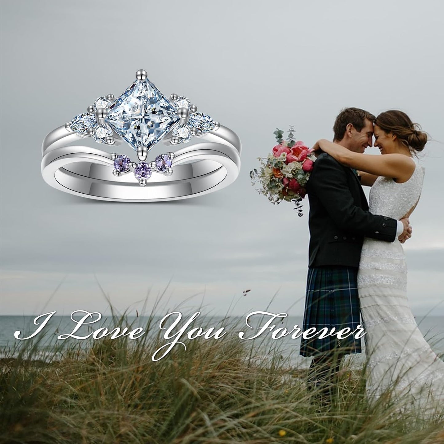Princess-Cut Moissanite Engagement Rings Sets for Women,10K 14K 18K Solid Gold Amethyst Wedding Bands Sets,Bridal Ring Sets with Free Engraving