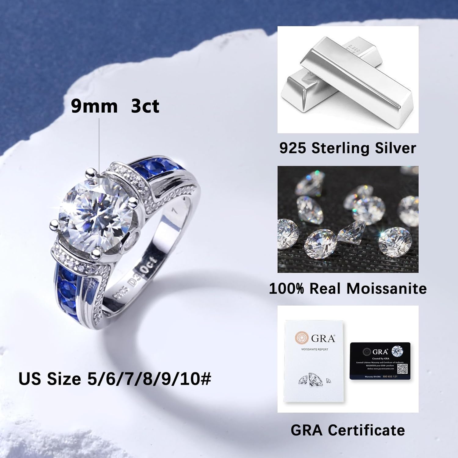 3 Carat Moissanite Ring for Women 925 Sterling Silver Moissanite Engagement Ring 3CT Moissanite Promise Bands Rings Wedding Ring for Wife Anniversary Birthday Valentine Jewelry Gift