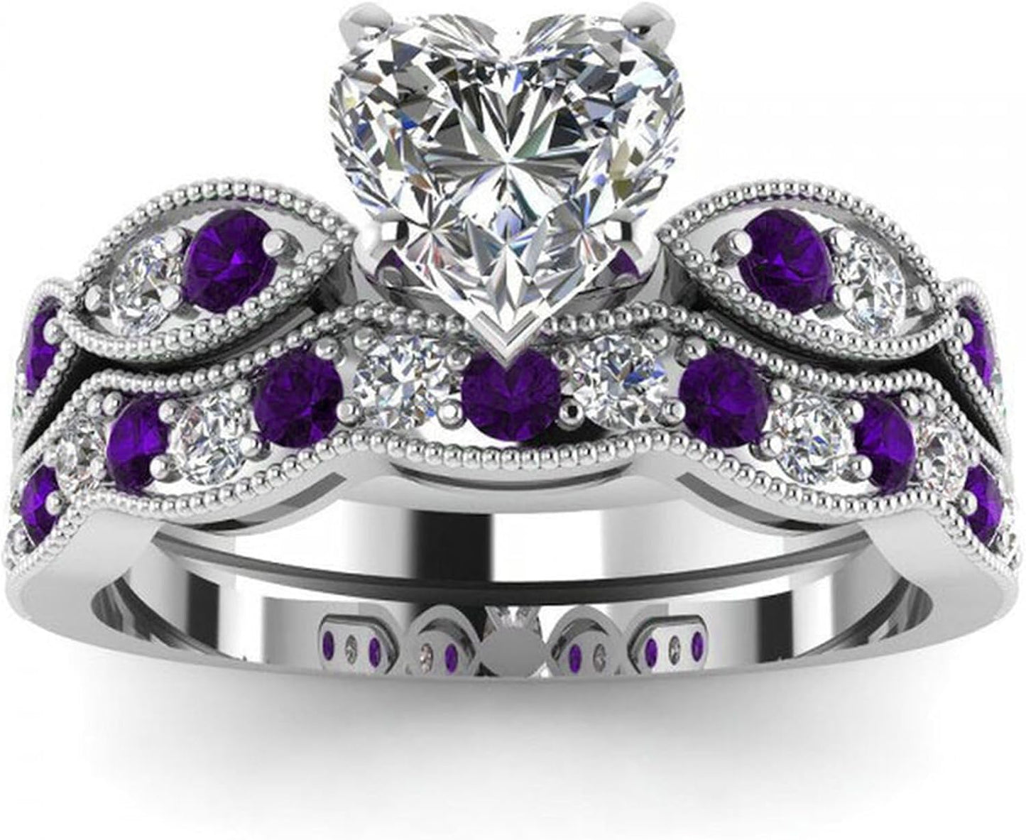 Jeulia 3 Carat CZ Solitaire Engagement Rings Halo Milgrain Heart Cut Sterling Silver Ring Set Promise Engagement Wedding Anniversary Rings Bridal Sets for Women
