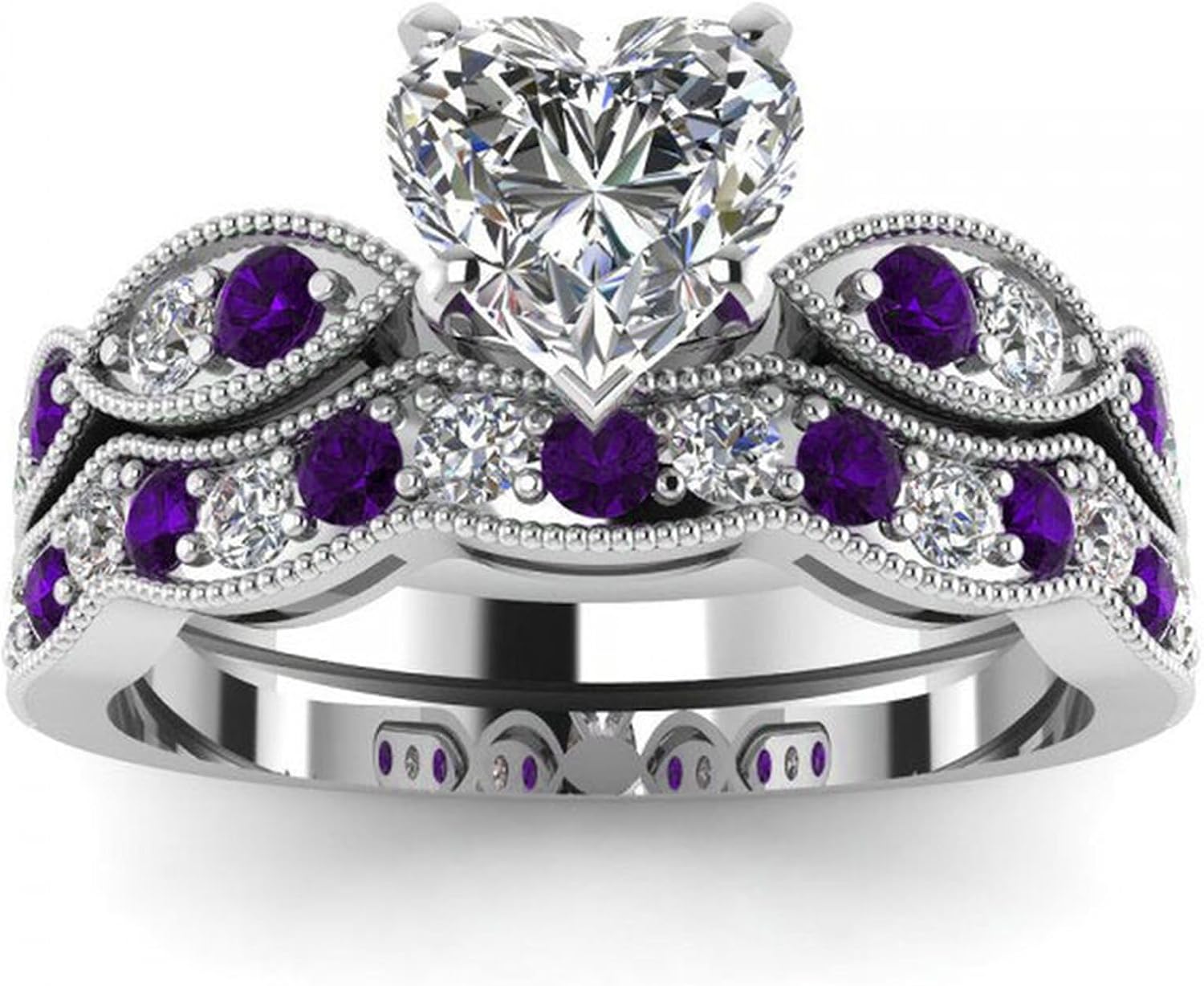 Jeulia 3 Carat CZ Solitaire Engagement Rings Halo Milgrain Heart Cut Sterling Silver Ring Set Promise Engagement Wedding Anniversary Rings Bridal Sets for Women