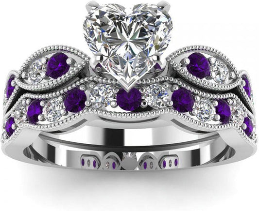 Jeulia 3 Carat CZ Solitaire Engagement Rings Halo Milgrain Heart Cut Sterling Silver Ring Set Promise Engagement Wedding Anniversary Rings Bridal Sets for Women