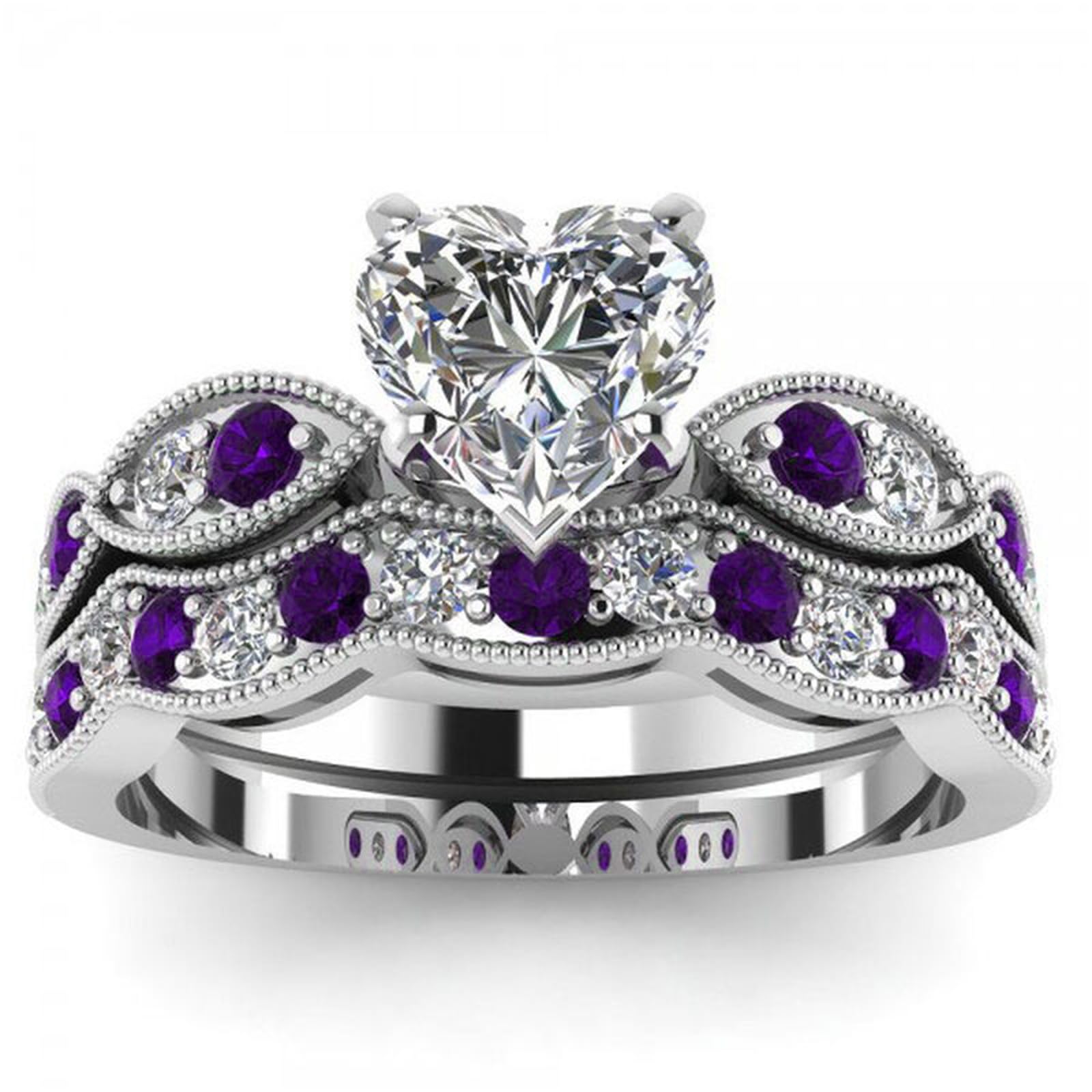 Jeulia 3 Carat CZ Solitaire Engagement Rings Halo Milgrain Heart Cut Sterling Silver Ring Set Promise Engagement Wedding Anniversary Rings Bridal Sets for Women