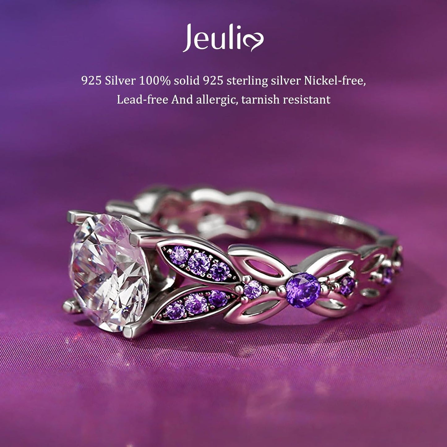 Jeulia 4.3 Carat Personalized Sterling Silver Butterfly Rings for Women Purple Amethyst Bridal Round Cut Wedding Engagement Eternity Valentine's Promise Ring Set