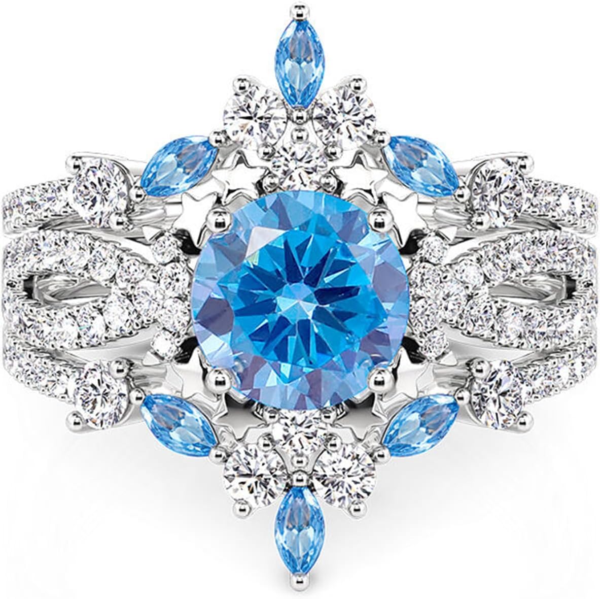 Jeulia 3PCS Interchangeable Engagement Ring Set for Women; 925 Sterling Silver Aquamarine Star and Moon Twist Ring Romantic Wedding Bridal Set with Jewelry Gift Box (Diamond White, 7.5)