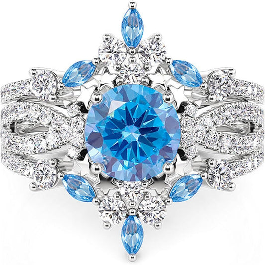 Jeulia 3PCS Interchangeable Engagement Ring Set for Women; 925 Sterling Silver Aquamarine Star and Moon Twist Ring Romantic Wedding Bridal Set with Jewelry Gift Box (Diamond White, 7.5)