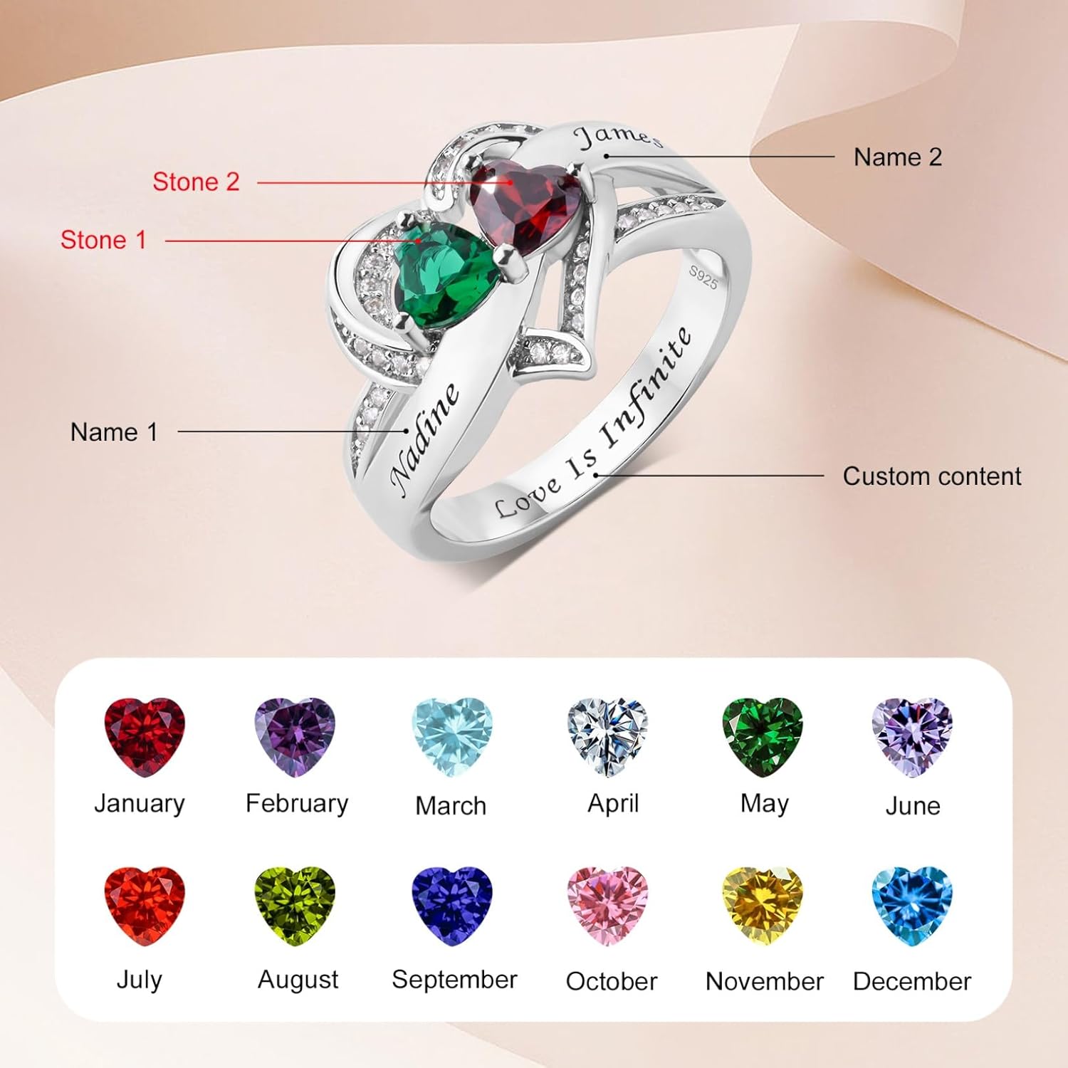 Custom Name Ring for Her Birthstone Ring 925 Sterling Silver Anniversary Rings Name Engraved Promise Ring for Couple Lover Bride Birthstone Rings for Women