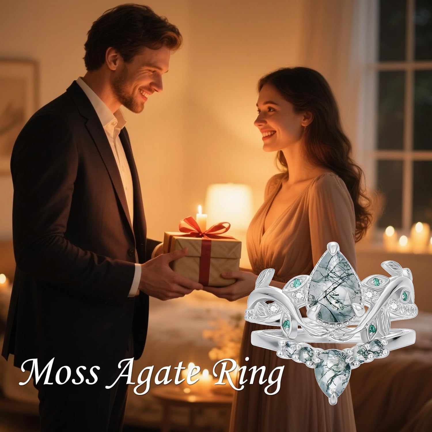 Natural Moss Agate Ring for Women 2CT Oval/Pear/Kite Cut 2 Pieces Engagement Ring Set 10K/14K/18K Solid Gold/Sterling Silve Personalized Wedding Leaf Vintage Bridal Promise Ring for Women