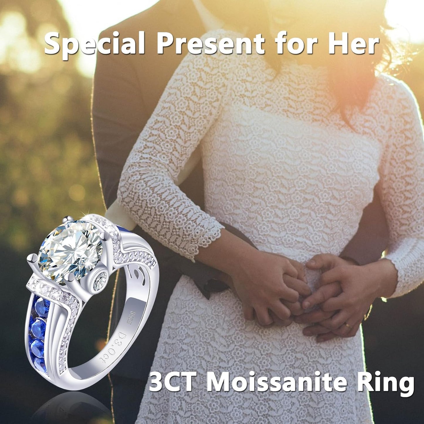 3 Carat Moissanite Ring for Women 925 Sterling Silver Moissanite Engagement Ring 3CT Moissanite Promise Bands Rings Wedding Ring for Wife Anniversary Birthday Valentine Jewelry Gift