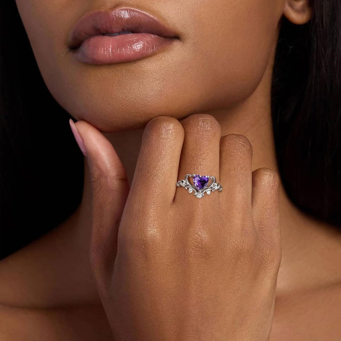 Natural Amethyst Promise Ring for Women 6.5mm Heart Shaped Vintage Inspired Healing Amethyst Rings 925 Sterling Silver