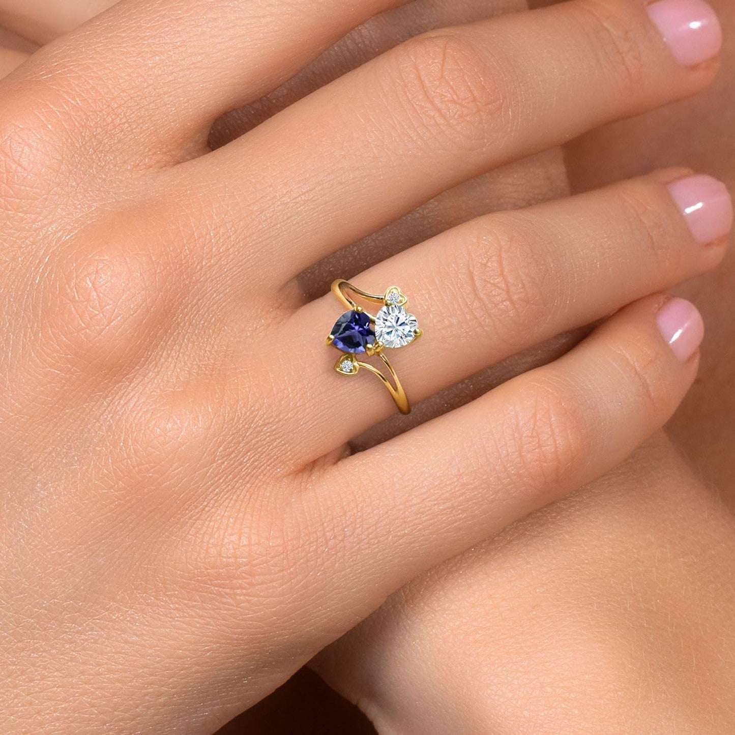 Gem Stone King 18K Yellow Gold Plated Silver Promise Customized Personalized and Engraving 2 Gemstone Birthstone For Her Heart Shape Name Engraved Engagement Ring For Women