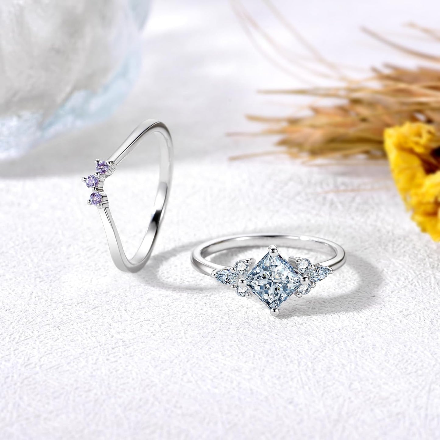 Princess-Cut Moissanite Engagement Rings Sets for Women,10K 14K 18K Solid Gold Amethyst Wedding Bands Sets,Bridal Ring Sets with Free Engraving