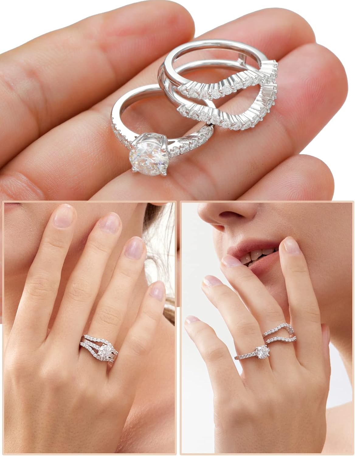 Moissanite Rings for Women Moissanite Bridal Ring Sets Wedding Band Round Cut D Color VVS1 S925 Sterling Silver with 18K White Gold Plated Engagement Promise Valentine's Day Gift