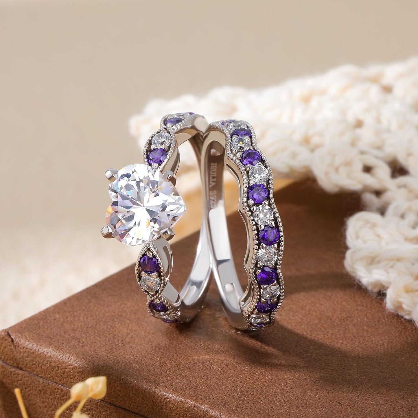 Jeulia 3 Carat CZ Solitaire Engagement Rings Halo Milgrain Heart Cut Sterling Silver Ring Set Promise Engagement Wedding Anniversary Rings Bridal Sets for Women