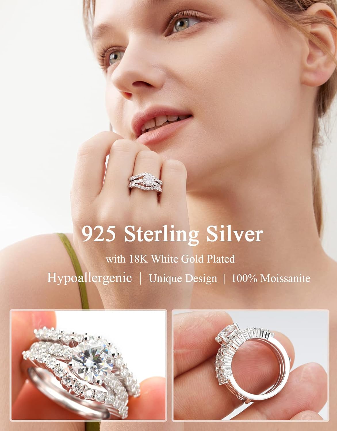 Moissanite Rings for Women Moissanite Bridal Ring Sets Wedding Band Round Cut D Color VVS1 S925 Sterling Silver with 18K White Gold Plated Engagement Promise Valentine's Day Gift