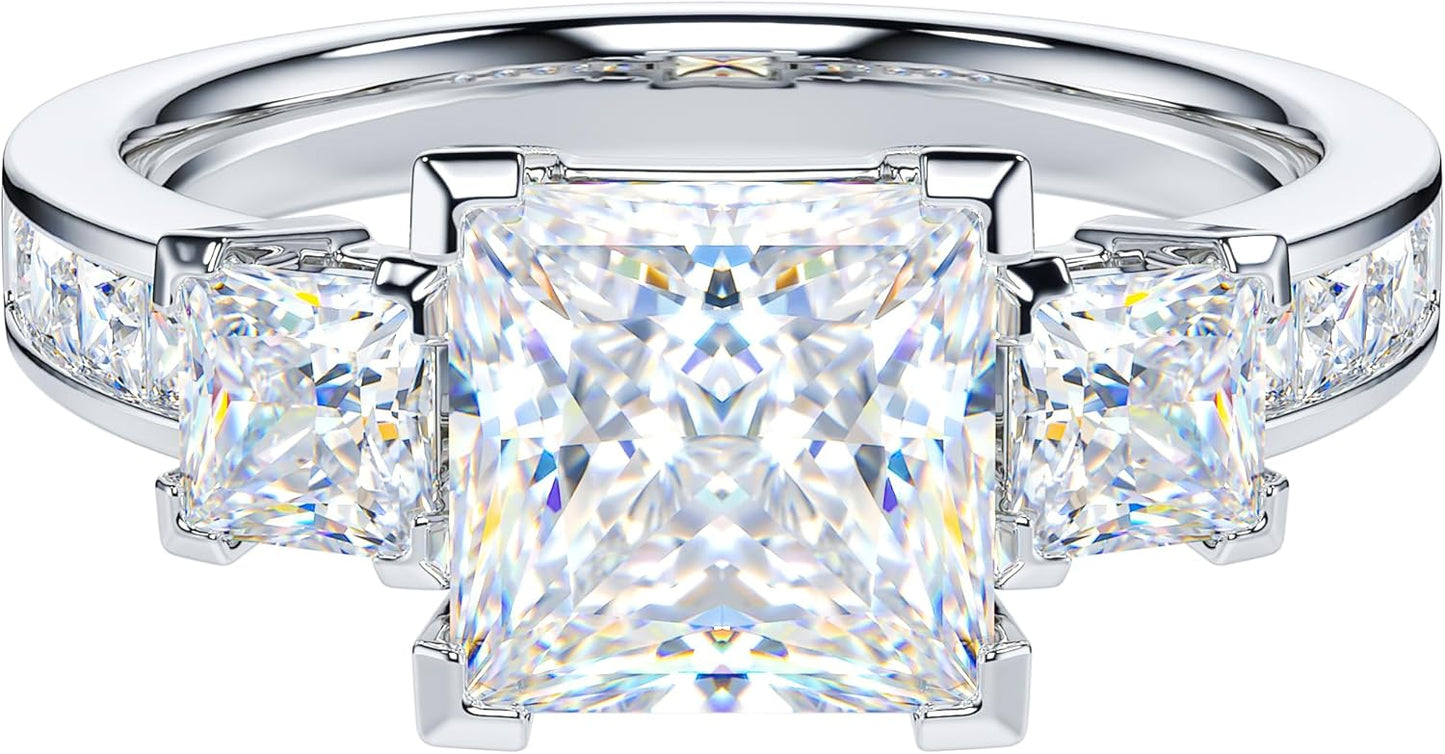 THELANDA Sterling Silver Center 1.5CT Three Stone Style All Princess Cut Side Stones Promise Engagement Ring
