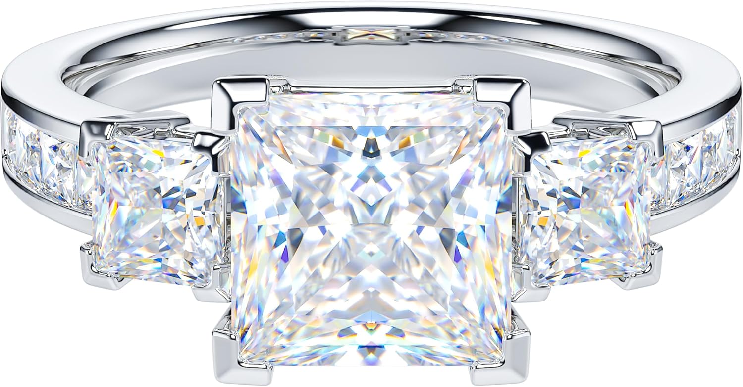 THELANDA Sterling Silver Center 1.5CT Three Stone Style All Princess Cut Side Stones Promise Engagement Ring