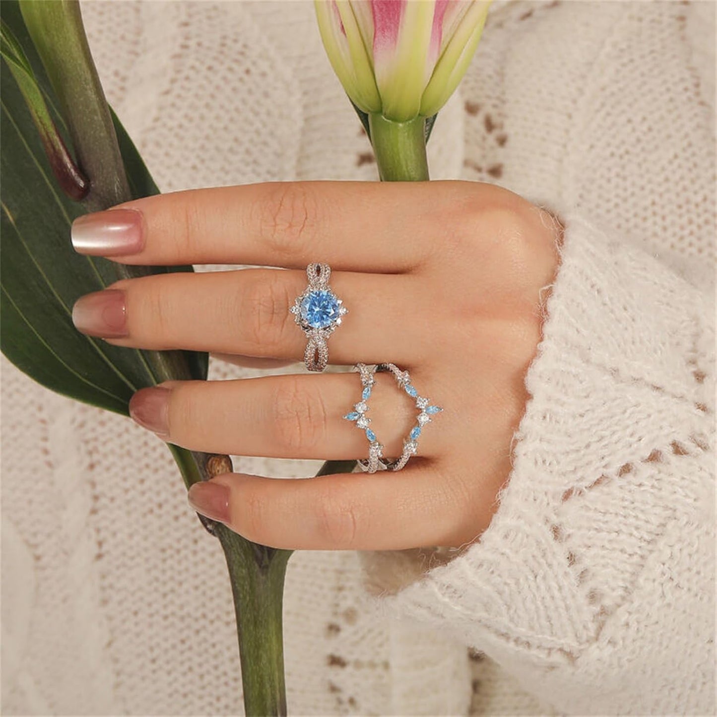 Jeulia 3PCS Interchangeable Engagement Ring Set for Women; 925 Sterling Silver Aquamarine Star and Moon Twist Ring Romantic Wedding Bridal Set with Jewelry Gift Box (Diamond White, 7.5)