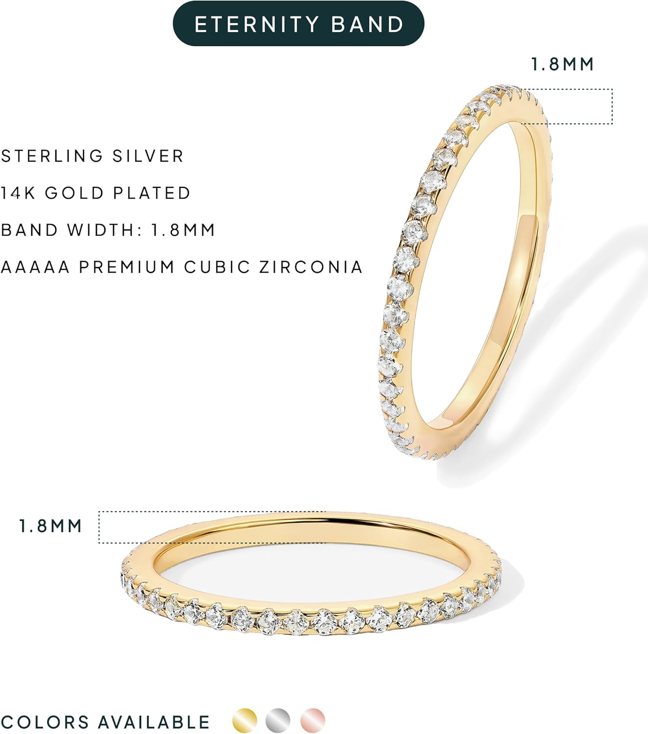 PAVOI 14K Gold Plated Solid 925 Sterling Silver CZ Simulated Diamond Stackable Ring Eternity Bands for Women