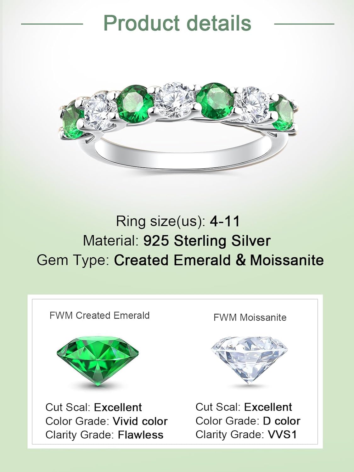 FWM D Color VVS1 Clarity Moissanite and Sapphire/Ruby/Emerald Rings for Women, Solid 925 Sterling Silver, Anniversary Birthday Mothers Day Jewelry Gift, Stackable Wedding Ring, Size 4-11