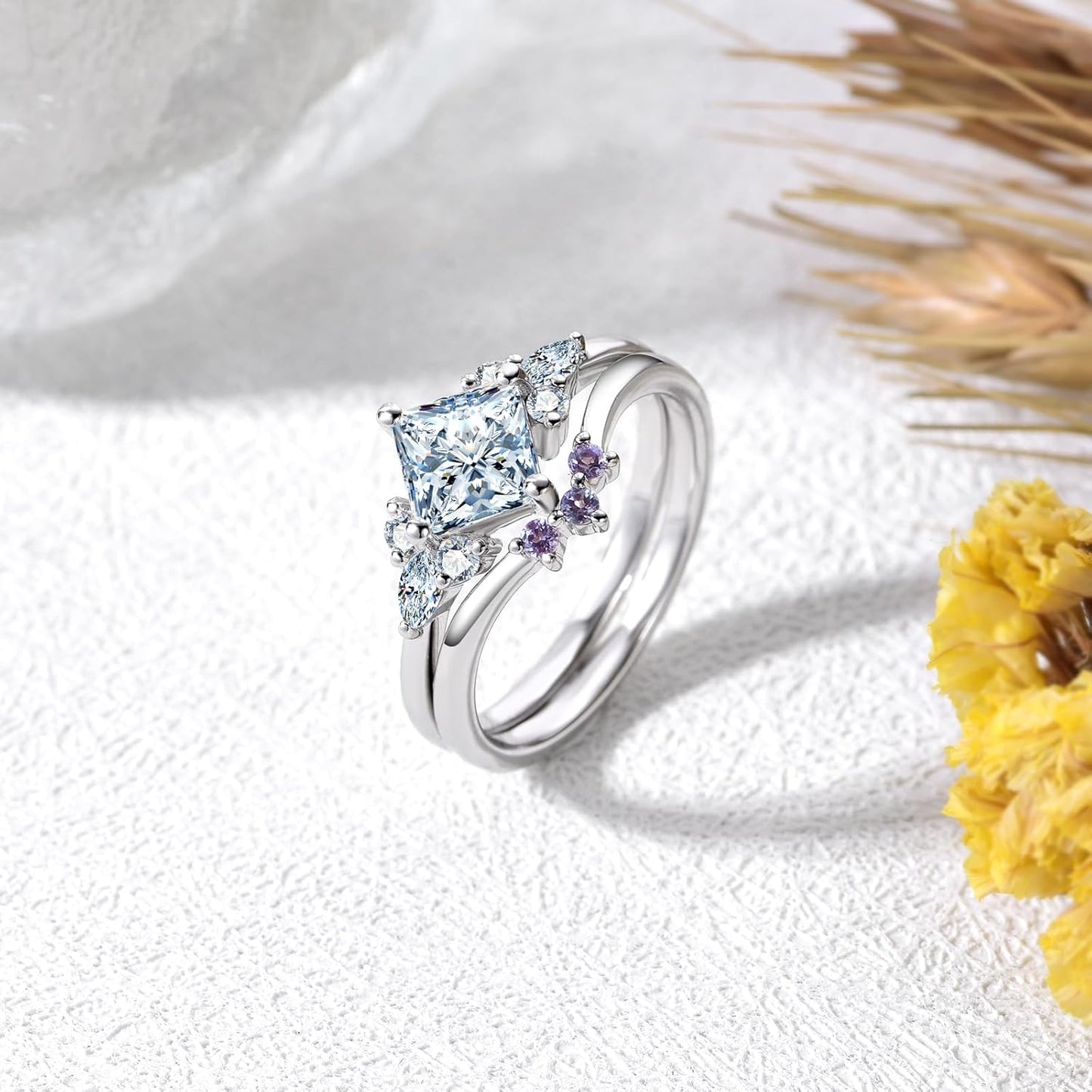 Princess-Cut Moissanite Engagement Rings Sets for Women,10K 14K 18K Solid Gold Amethyst Wedding Bands Sets,Bridal Ring Sets with Free Engraving