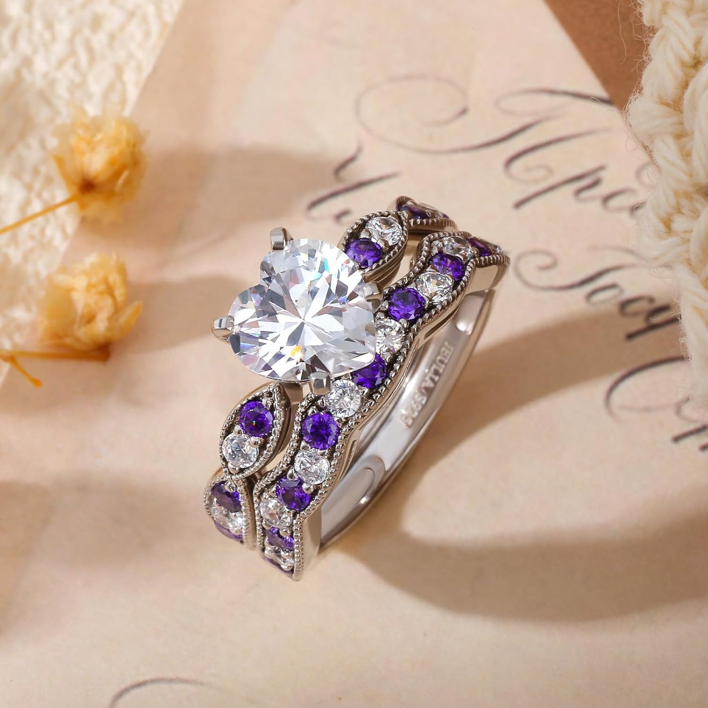 Jeulia 3 Carat CZ Solitaire Engagement Rings Halo Milgrain Heart Cut Sterling Silver Ring Set Promise Engagement Wedding Anniversary Rings Bridal Sets for Women