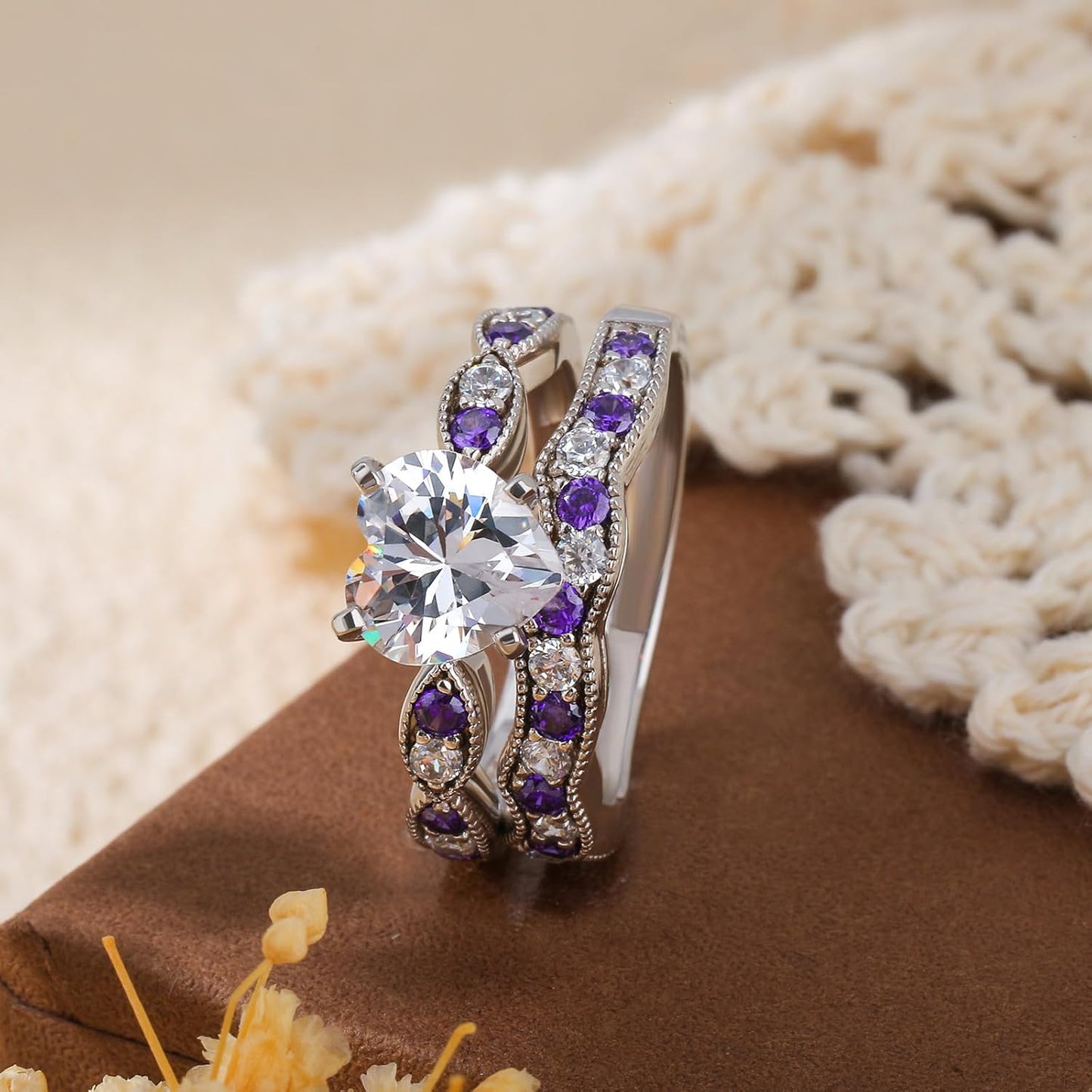 Jeulia 3 Carat CZ Solitaire Engagement Rings Halo Milgrain Heart Cut Sterling Silver Ring Set Promise Engagement Wedding Anniversary Rings Bridal Sets for Women