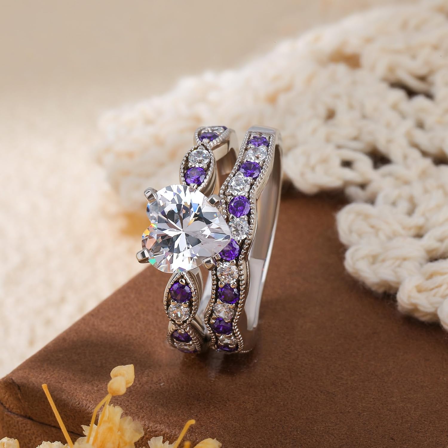 Jeulia 3 Carat CZ Solitaire Engagement Rings Halo Milgrain Heart Cut Sterling Silver Ring Set Promise Engagement Wedding Anniversary Rings Bridal Sets for Women