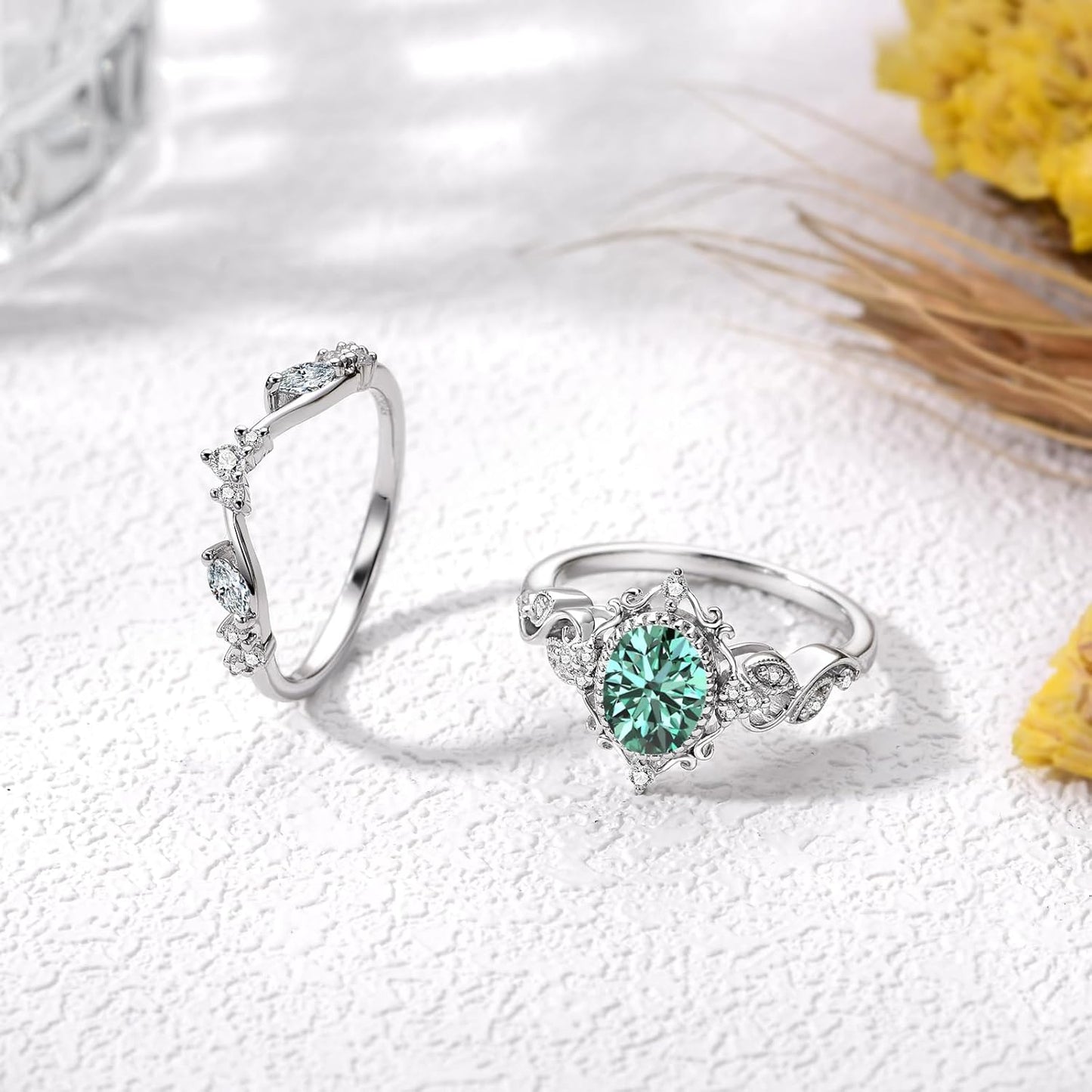 2 Carat(ctw) Oval-Cut Blue Moissanite Engagement Rings Sets for Women,925 Sterling Silver Leaf Halo Wedding Band Sets,Bridal Ring Sets for Anniversary Birthday
