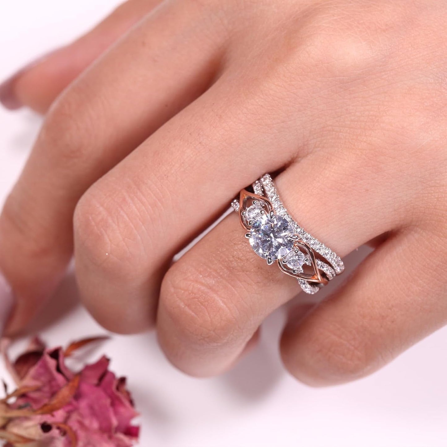 Jeulia Two Tone Rings for Women Rose Gold Three Stone Round Cut Engagement Rings Sterling Silver Halo Bridal Ring Set Anniversary Promise Wedding Ring with Jewelry Gift Box