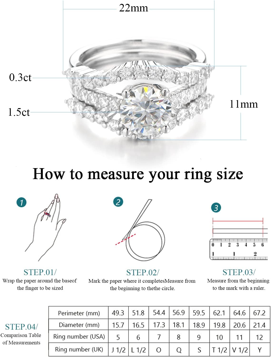 Moissanite Rings for Women Moissanite Bridal Ring Sets Wedding Band Round Cut D Color VVS1 S925 Sterling Silver with 18K White Gold Plated Engagement Promise Valentine's Day Gift