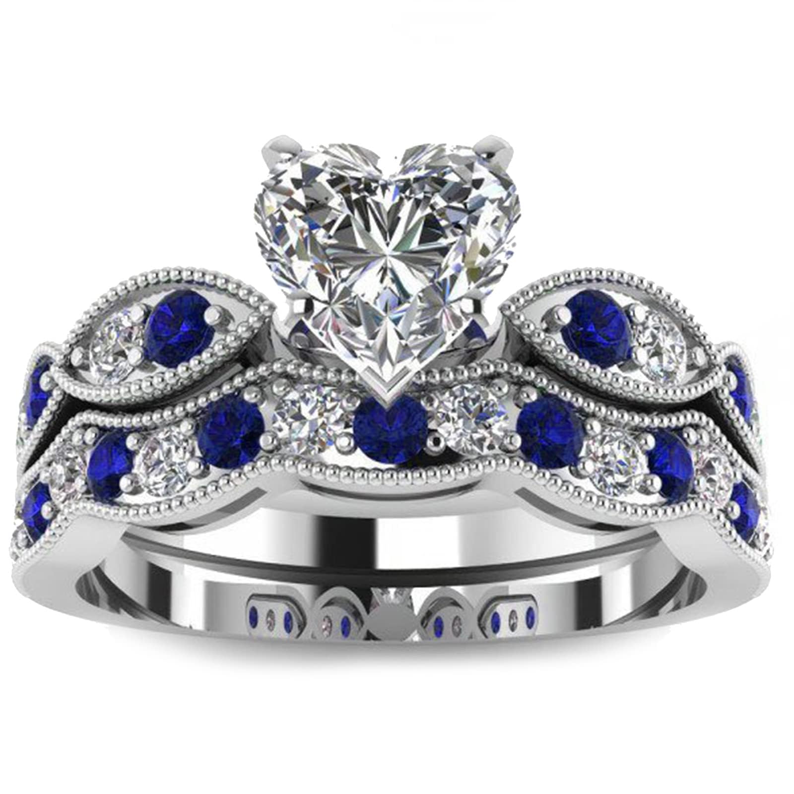 Jeulia 3 Carat CZ Solitaire Engagement Rings Halo Milgrain Heart Cut Sterling Silver Ring Set Promise Engagement Wedding Anniversary Rings Bridal Sets for Women