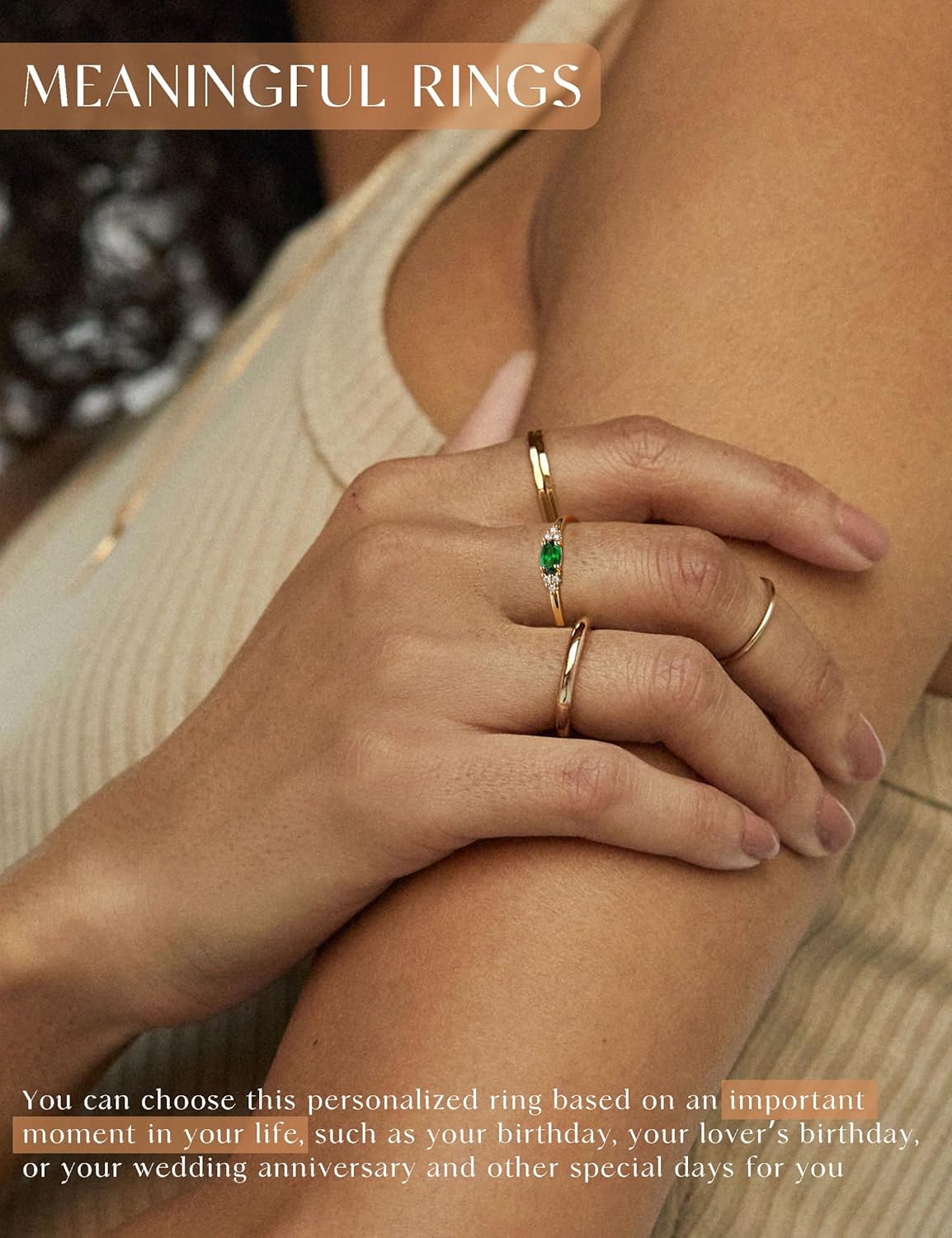 FUNEIA Gold Birthstone Rings for Women Non Tarnish Trendy Stackable Gold Rings that Don't Tarnish Dainty Emerald Green Gemstone Cubic Zirconia Wedding Engagement Ring for her Birthday Gifts Jewelry
