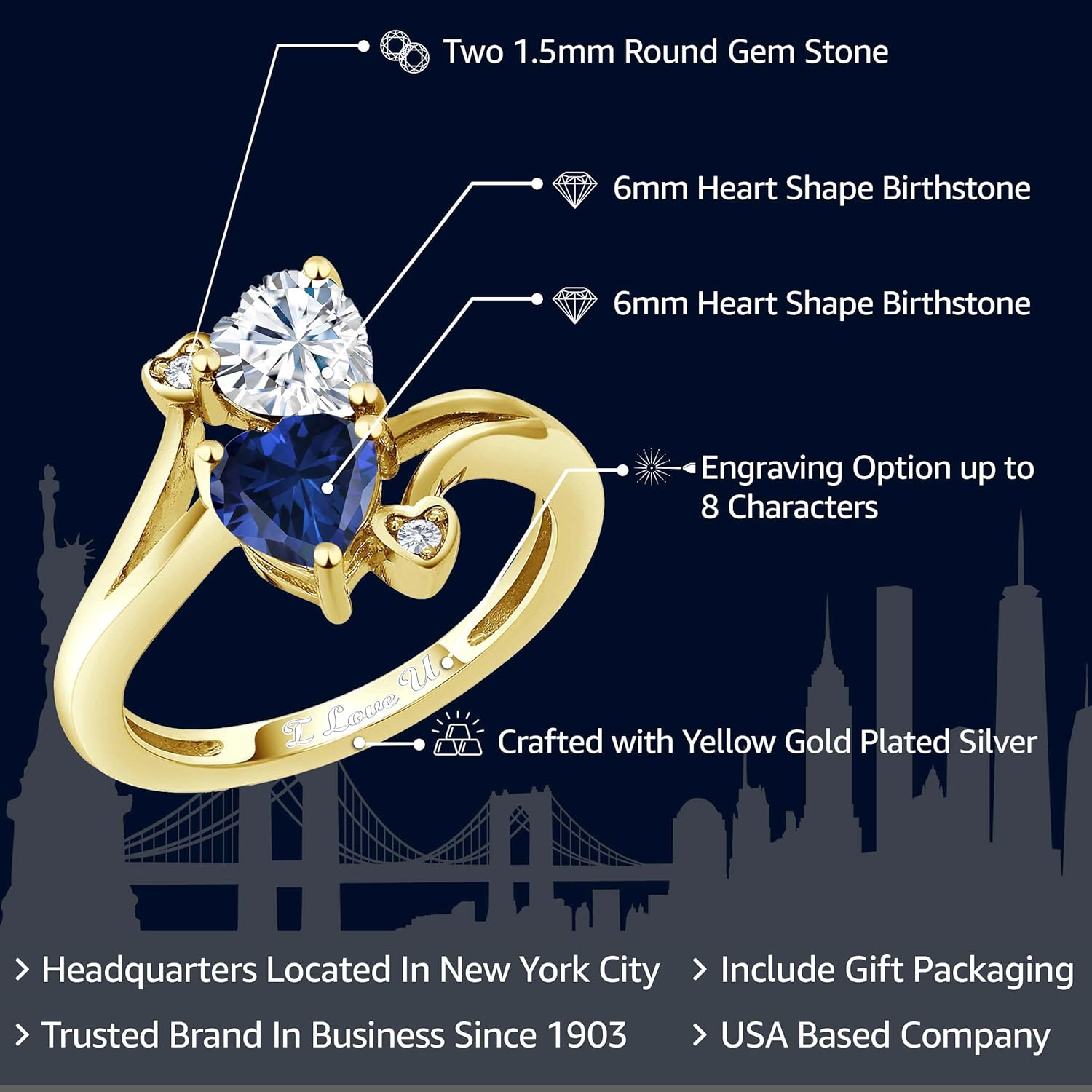 Gem Stone King 18K Yellow Gold Plated Silver Promise Customized Personalized and Engraving 2 Gemstone Birthstone For Her Heart Shape Name Engraved Engagement Ring For Women