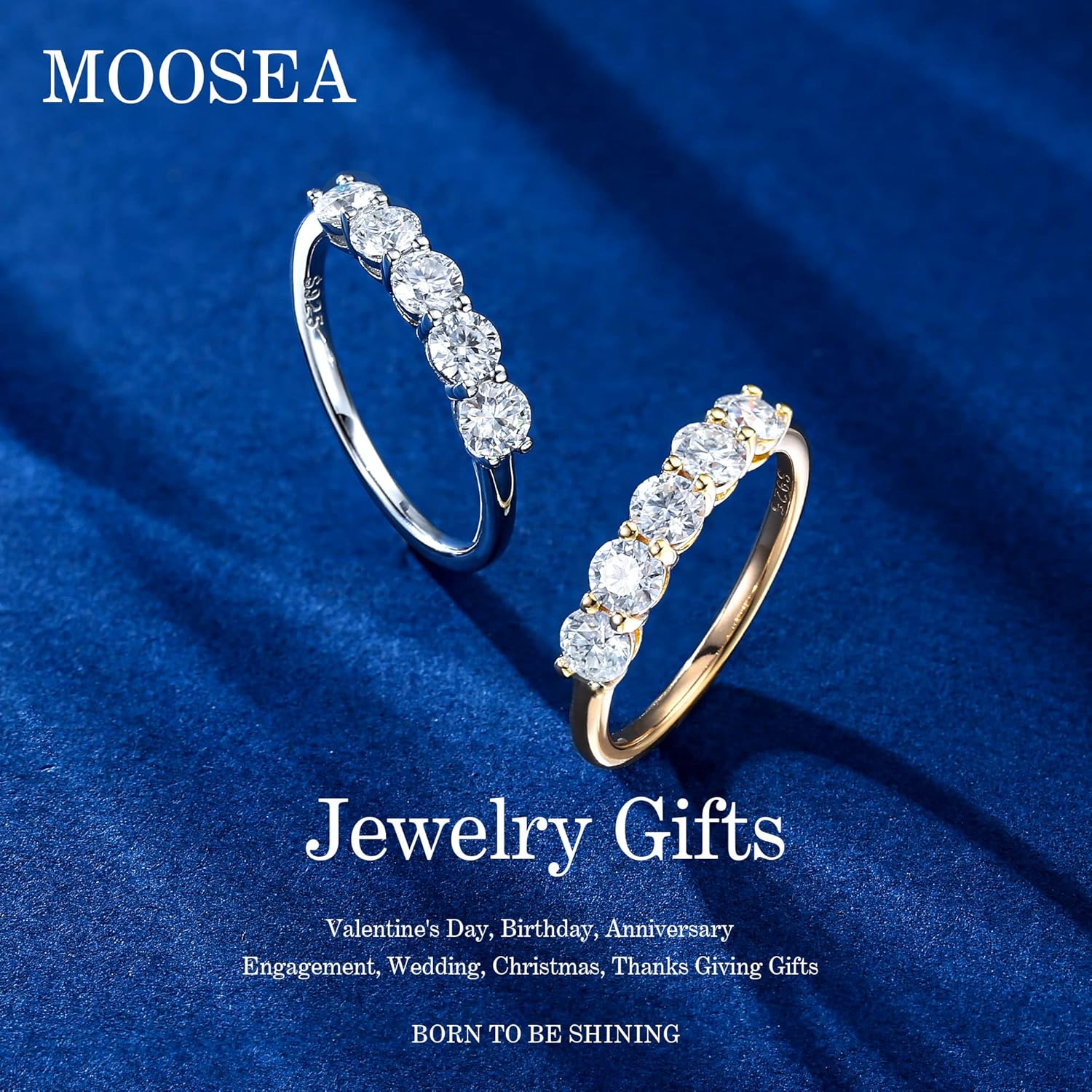 MOOSEA 5 Stone Moissanite Rings for Women, 3.75MM D Color VVS1 Clarity Lab Created Moissanite Anniversary Rings 14K White Gold Filled S925 Sterling Silver 5 Stone Wedding Bands for Women Jewelry