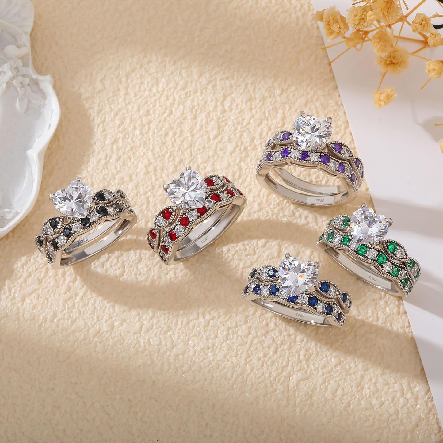 Jeulia 3 Carat CZ Solitaire Engagement Rings Halo Milgrain Heart Cut Sterling Silver Ring Set Promise Engagement Wedding Anniversary Rings Bridal Sets for Women