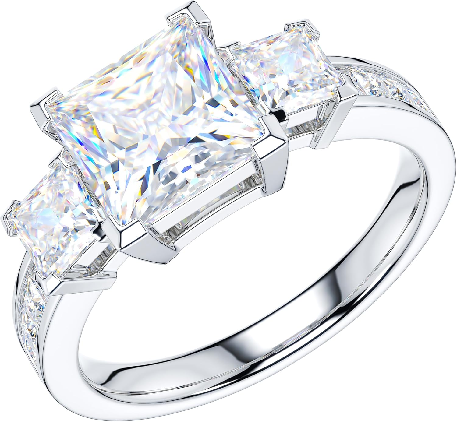 THELANDA Sterling Silver Center 1.5CT Three Stone Style All Princess Cut Side Stones Promise Engagement Ring