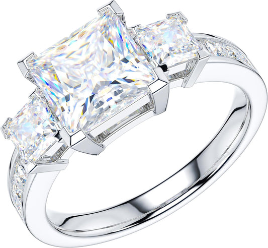 THELANDA Sterling Silver Center 1.5CT Three Stone Style All Princess Cut Side Stones Promise Engagement Ring