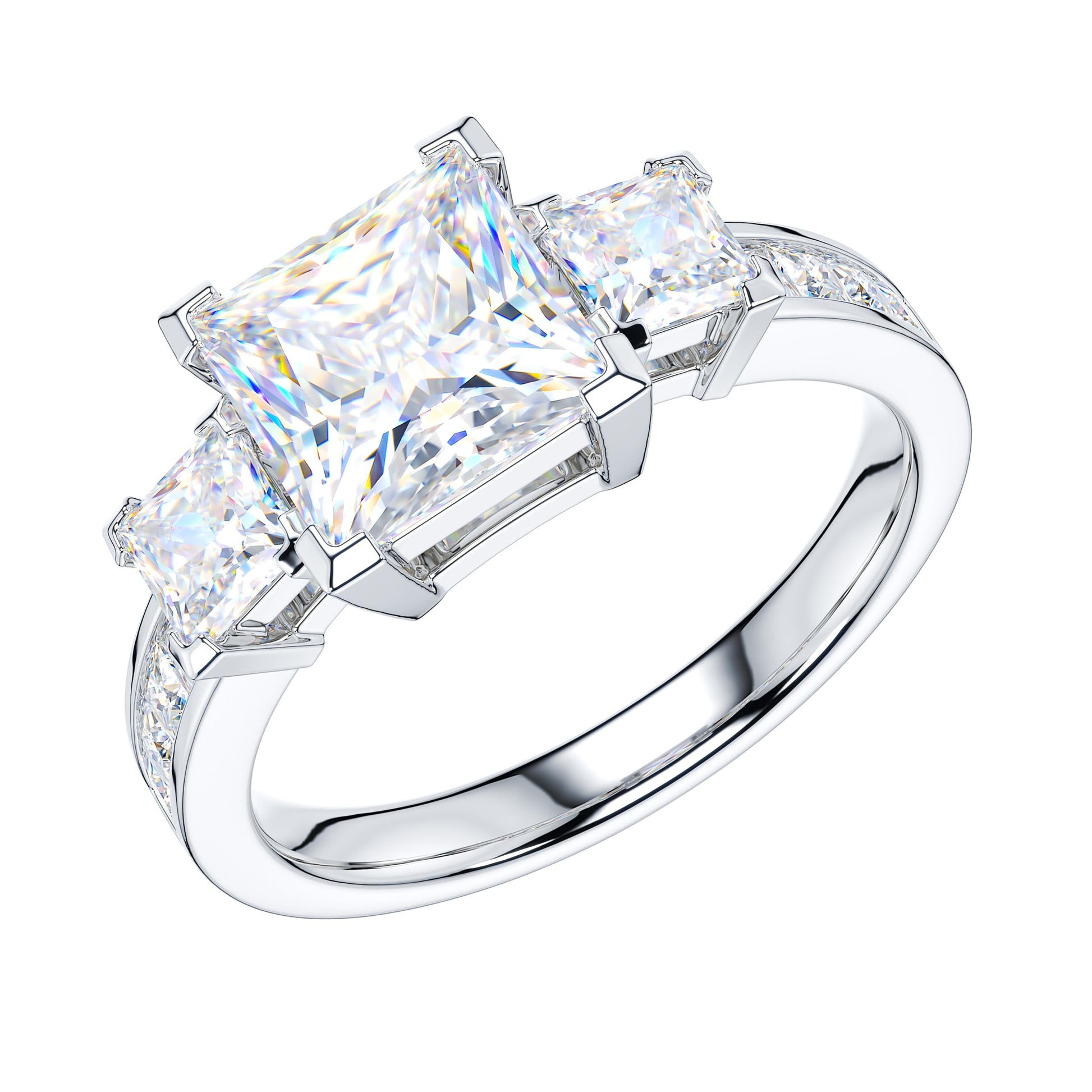 THELANDA Sterling Silver Center 1.5CT Three Stone Style All Princess Cut Side Stones Promise Engagement Ring