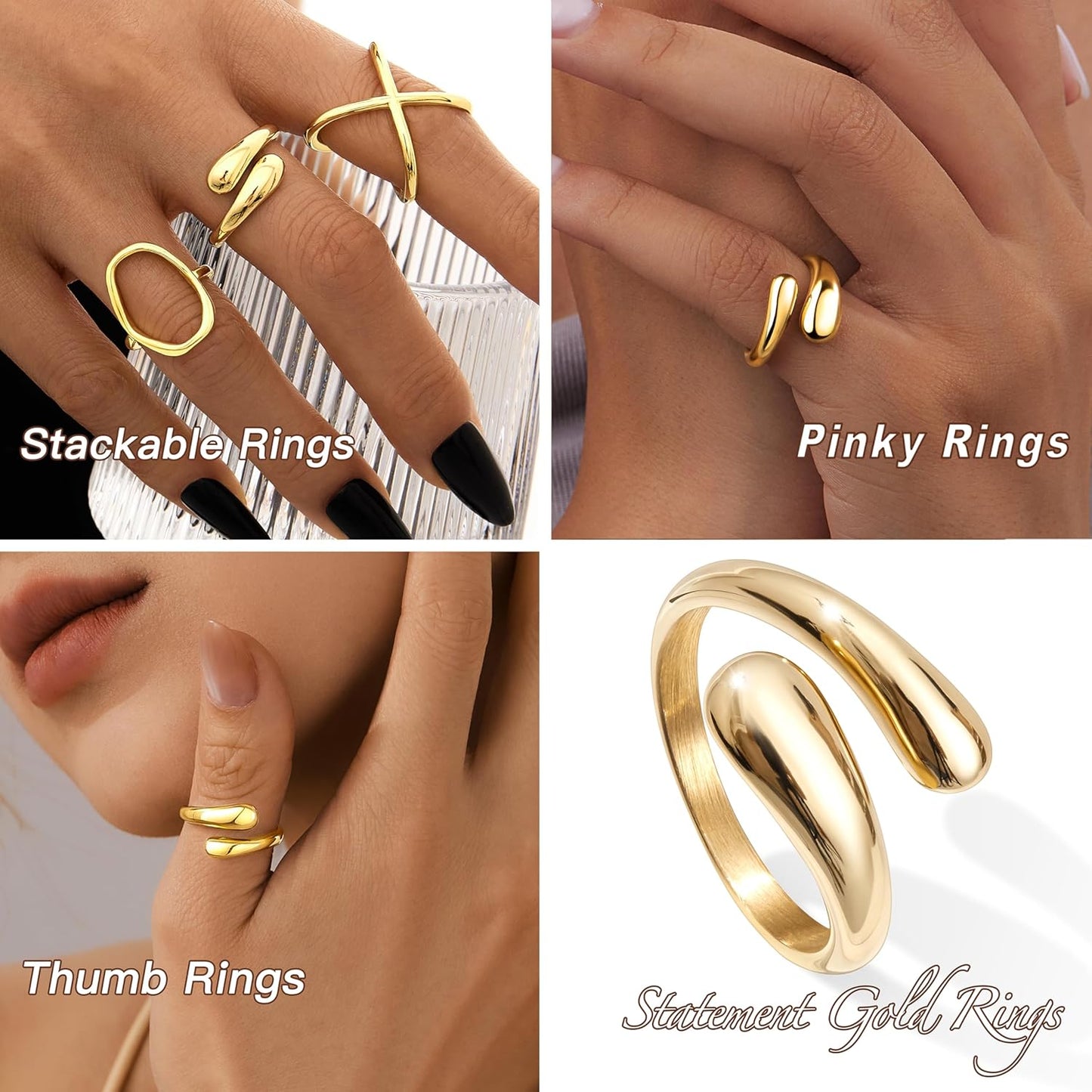 Non Tarnish Gold Chunky Rings for Women, 14K Gold Plated Statement Dome Rings Stacking, Adjustable Mens Silver Eternity Wedding Band Jewelry Size 3-13