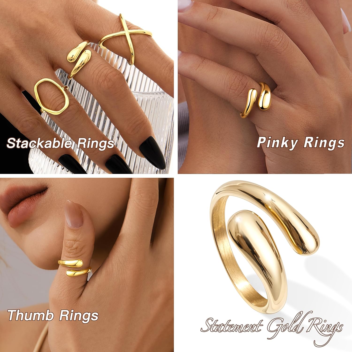 Non Tarnish Gold Chunky Rings for Women, 14K Gold Plated Statement Dome Rings Stacking, Adjustable Mens Silver Eternity Wedding Band Jewelry Size 3-13
