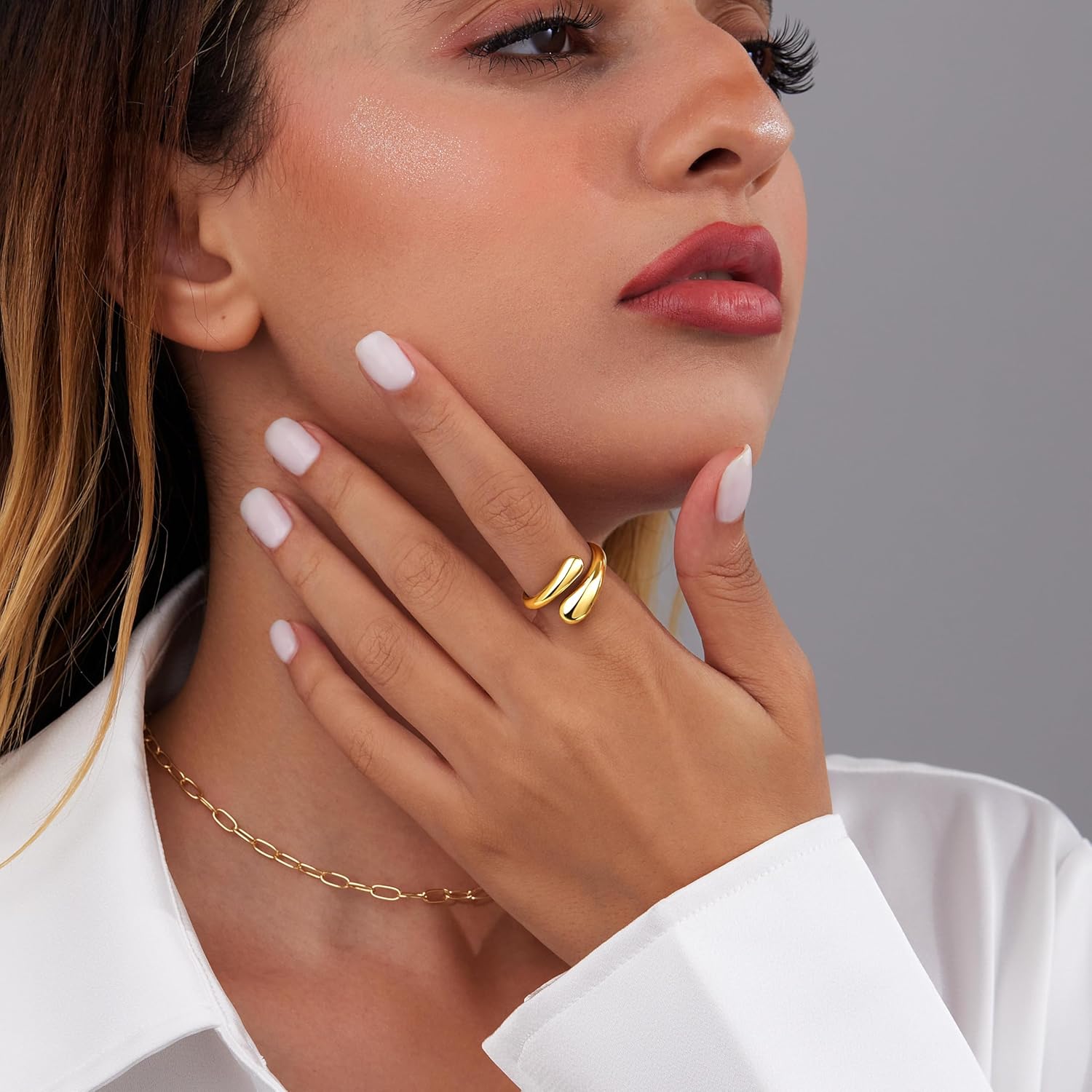 Non Tarnish Gold Chunky Rings for Women, 14K Gold Plated Statement Dome Rings Stacking, Adjustable Mens Silver Eternity Wedding Band Jewelry Size 3-13